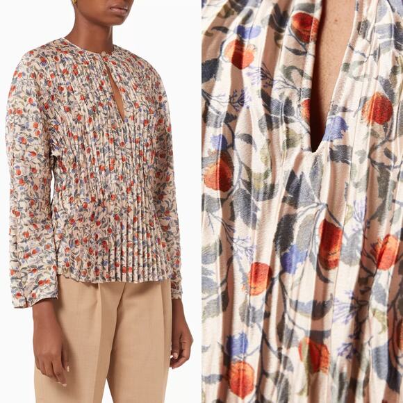 Vince Blouse Pleated Plisse Long Sleeve Satin Pomegranate Printed Top Size S - Picture 1 of 8
